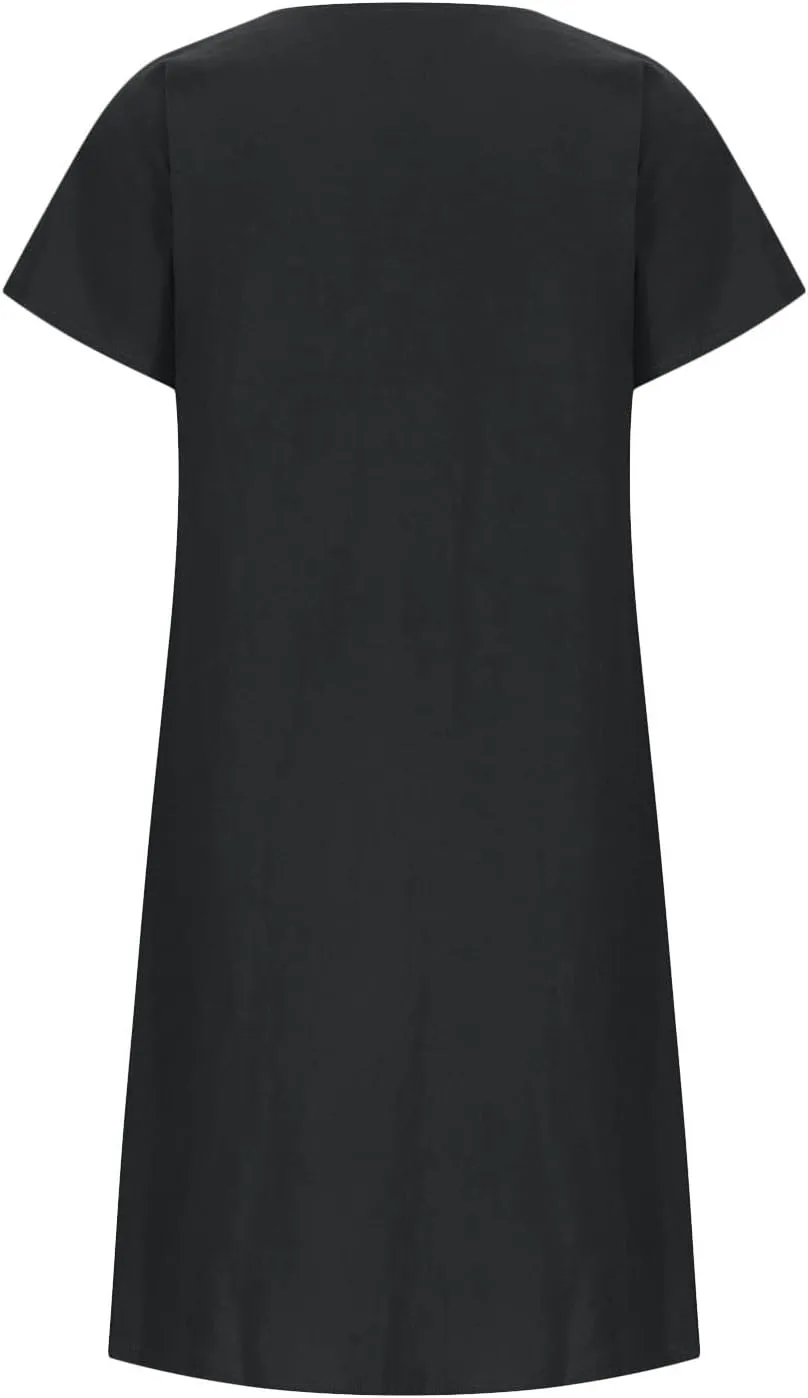 FZYLQY Women's Short Sleeve Cotton Linen Tunic Dress 2024 Summer Casual Plain V Neck Plus Size T-Shirt Sun Dress with Pocket