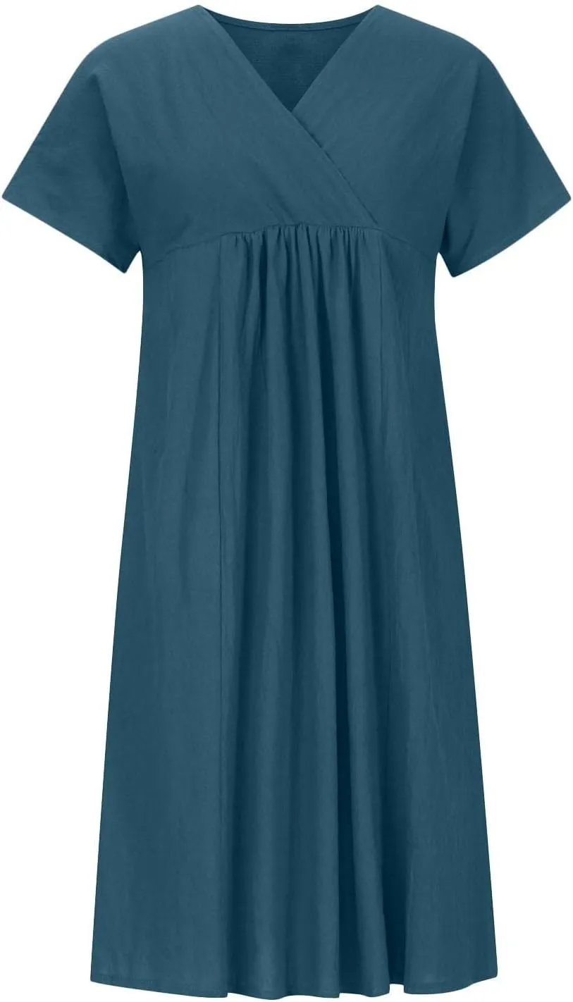 FZYLQY Women's Short Sleeve Cotton Linen Tunic Dress 2024 Summer Casual Plain V Neck Plus Size T-Shirt Sun Dress with Pocket