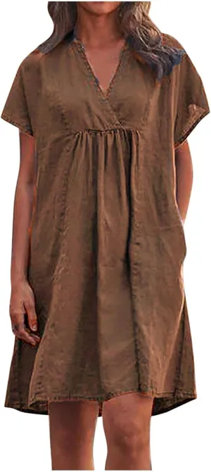 FZYLQY Women's Short Sleeve Cotton Linen Tunic Dress 2024 Summer Casual Plain V Neck Plus Size T-Shirt Sun Dress with Pocket