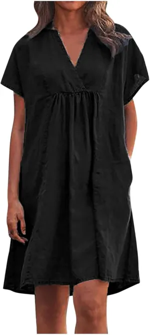 FZYLQY Women's Short Sleeve Cotton Linen Tunic Dress 2024 Summer Casual Plain V Neck Plus Size T-Shirt Sun Dress with Pocket