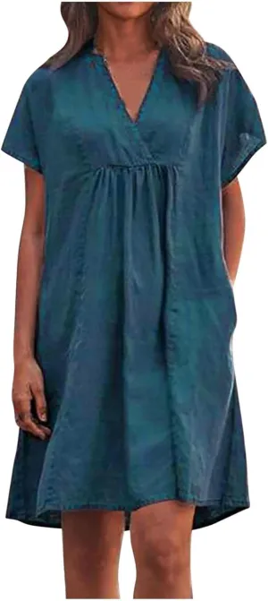 FZYLQY Women's Short Sleeve Cotton Linen Tunic Dress 2024 Summer Casual Plain V Neck Plus Size T-Shirt Sun Dress with Pocket