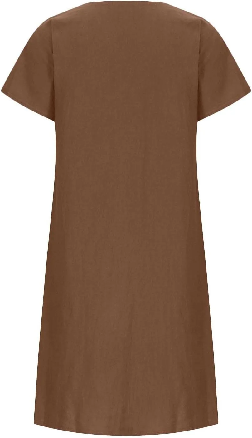 FZYLQY Women's Short Sleeve Cotton Linen Tunic Dress 2024 Summer Casual Plain V Neck Plus Size T-Shirt Sun Dress with Pocket