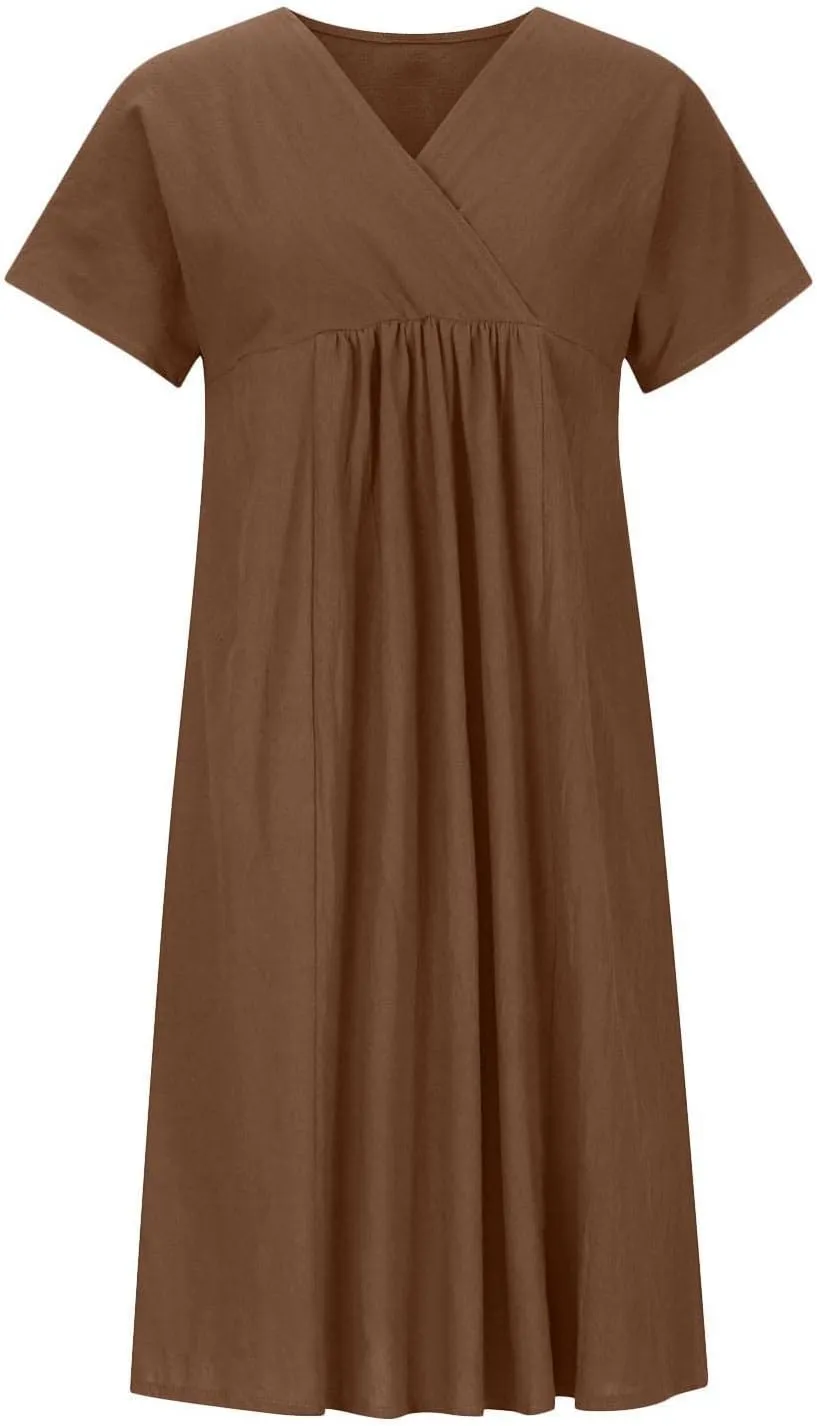 FZYLQY Women's Short Sleeve Cotton Linen Tunic Dress 2024 Summer Casual Plain V Neck Plus Size T-Shirt Sun Dress with Pocket