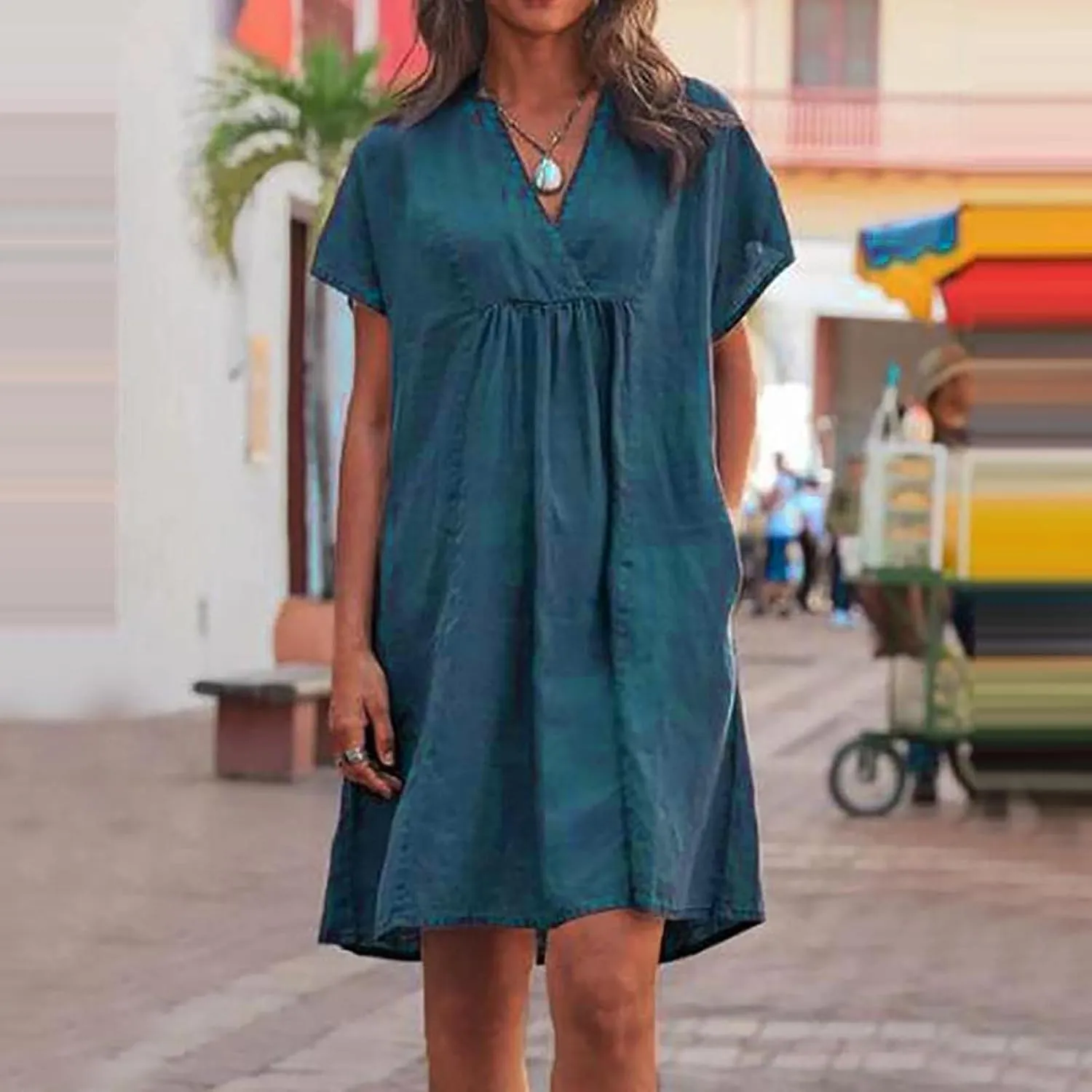 FZYLQY Women's Short Sleeve Cotton Linen Tunic Dress 2024 Summer Casual Plain V Neck Plus Size T-Shirt Sun Dress with Pocket