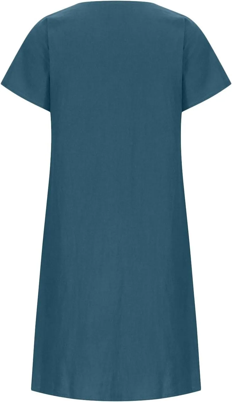 FZYLQY Women's Short Sleeve Cotton Linen Tunic Dress 2024 Summer Casual Plain V Neck Plus Size T-Shirt Sun Dress with Pocket
