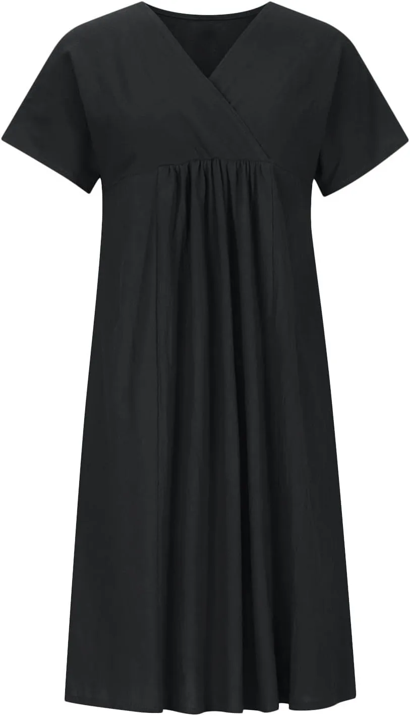 FZYLQY Women's Short Sleeve Cotton Linen Tunic Dress 2024 Summer Casual Plain V Neck Plus Size T-Shirt Sun Dress with Pocket