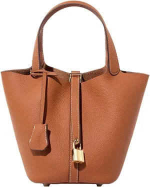 Genuine Leather Lock Design Bucket Bag Vegetable Basket Fashionable And Versatile Single Shoulder Handbag