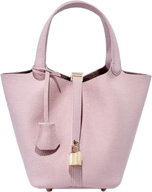 Genuine Leather Lock Design Bucket Bag Vegetable Basket Fashionable And Versatile Single Shoulder Handbag