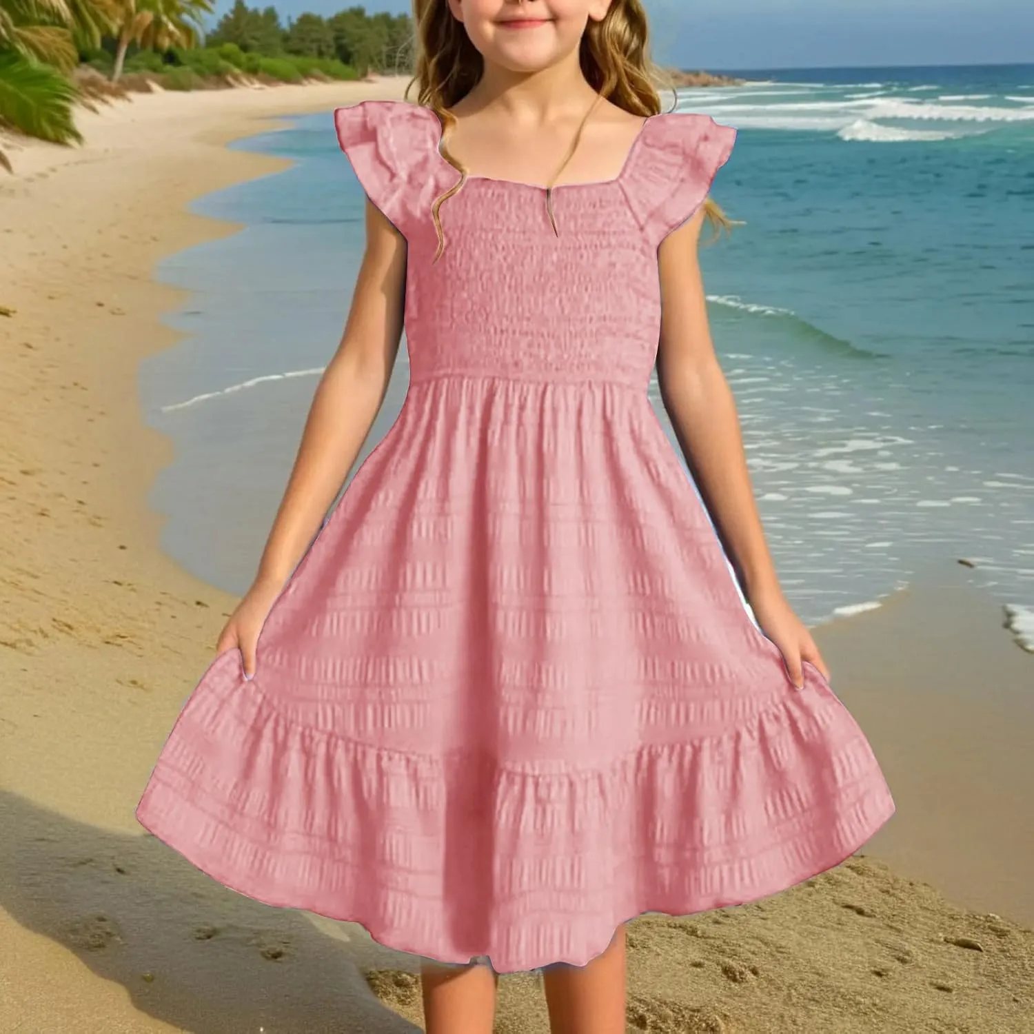 Girl's 2025 Summer Dresses Smocked Flutter Sleeve a Line Sundresses Swing Mini Casual Party Dresses Size 3-14 Years