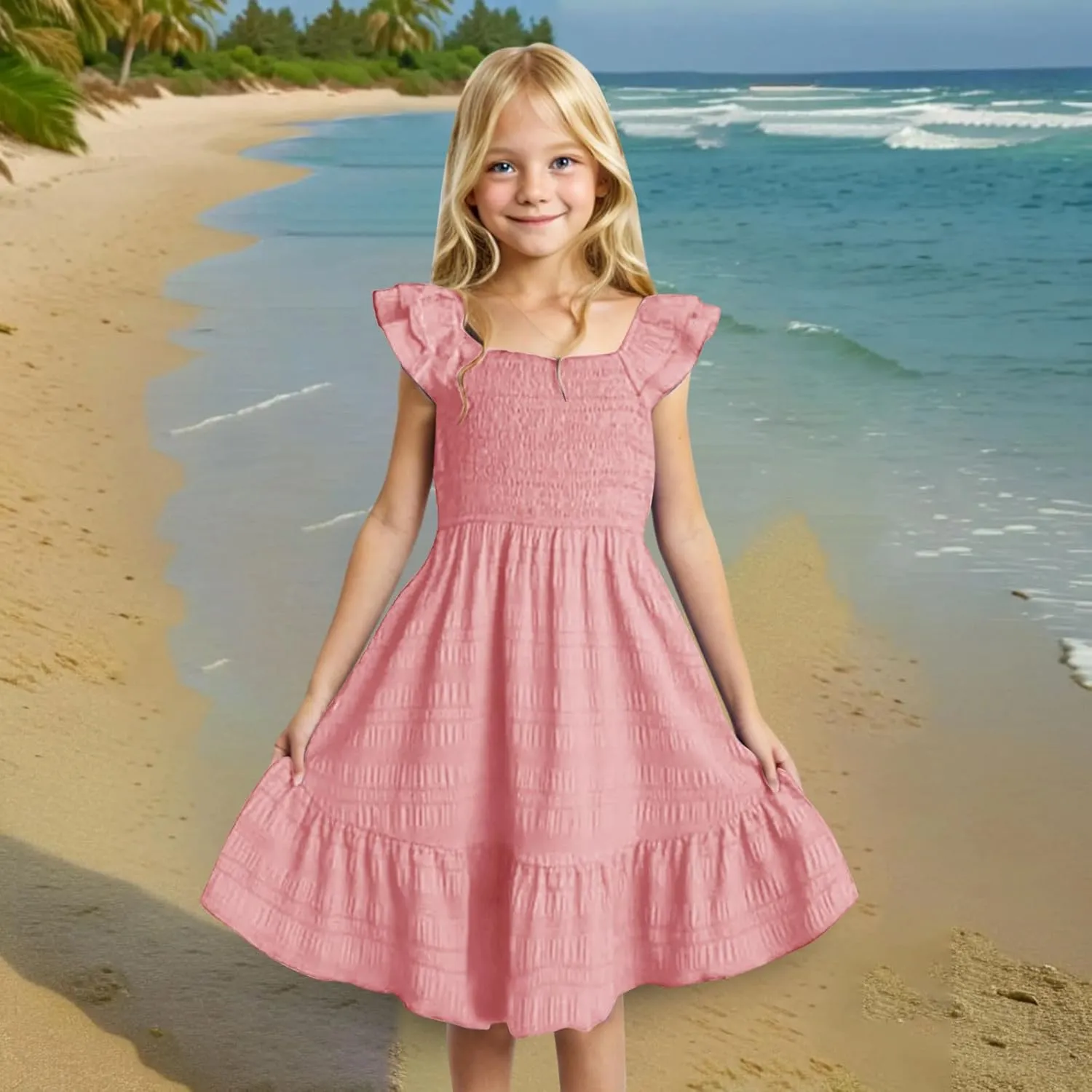 Girl's 2025 Summer Dresses Smocked Flutter Sleeve a Line Sundresses Swing Mini Casual Party Dresses Size 3-14 Years