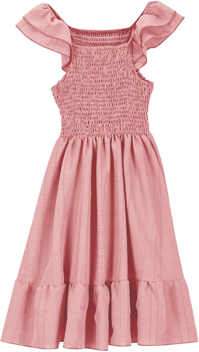 Girl's 2025 Summer Dresses Smocked Flutter Sleeve a Line Sundresses Swing Mini Casual Party Dresses Size 3-14 Years