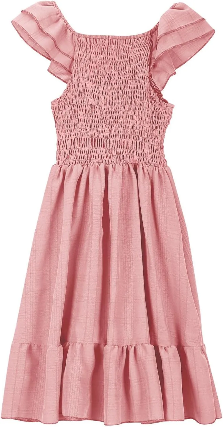 Girl's 2025 Summer Dresses Smocked Flutter Sleeve a Line Sundresses Swing Mini Casual Party Dresses Size 3-14 Years
