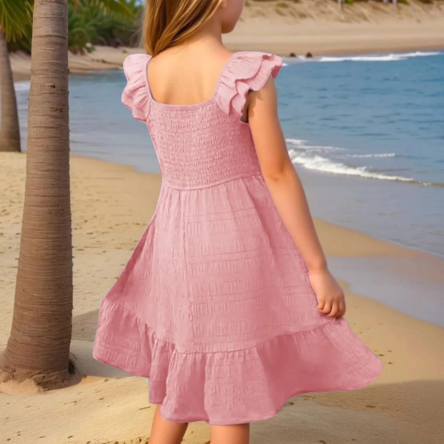 Girl's 2025 Summer Dresses Smocked Flutter Sleeve a Line Sundresses Swing Mini Casual Party Dresses Size 3-14 Years