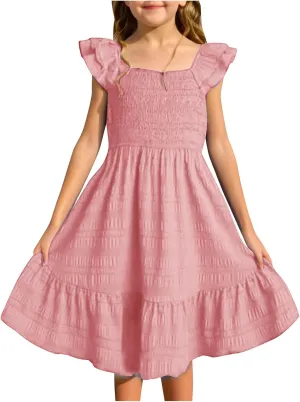 Girl's 2025 Summer Dresses Smocked Flutter Sleeve a Line Sundresses Swing Mini Casual Party Dresses Size 3-14 Years