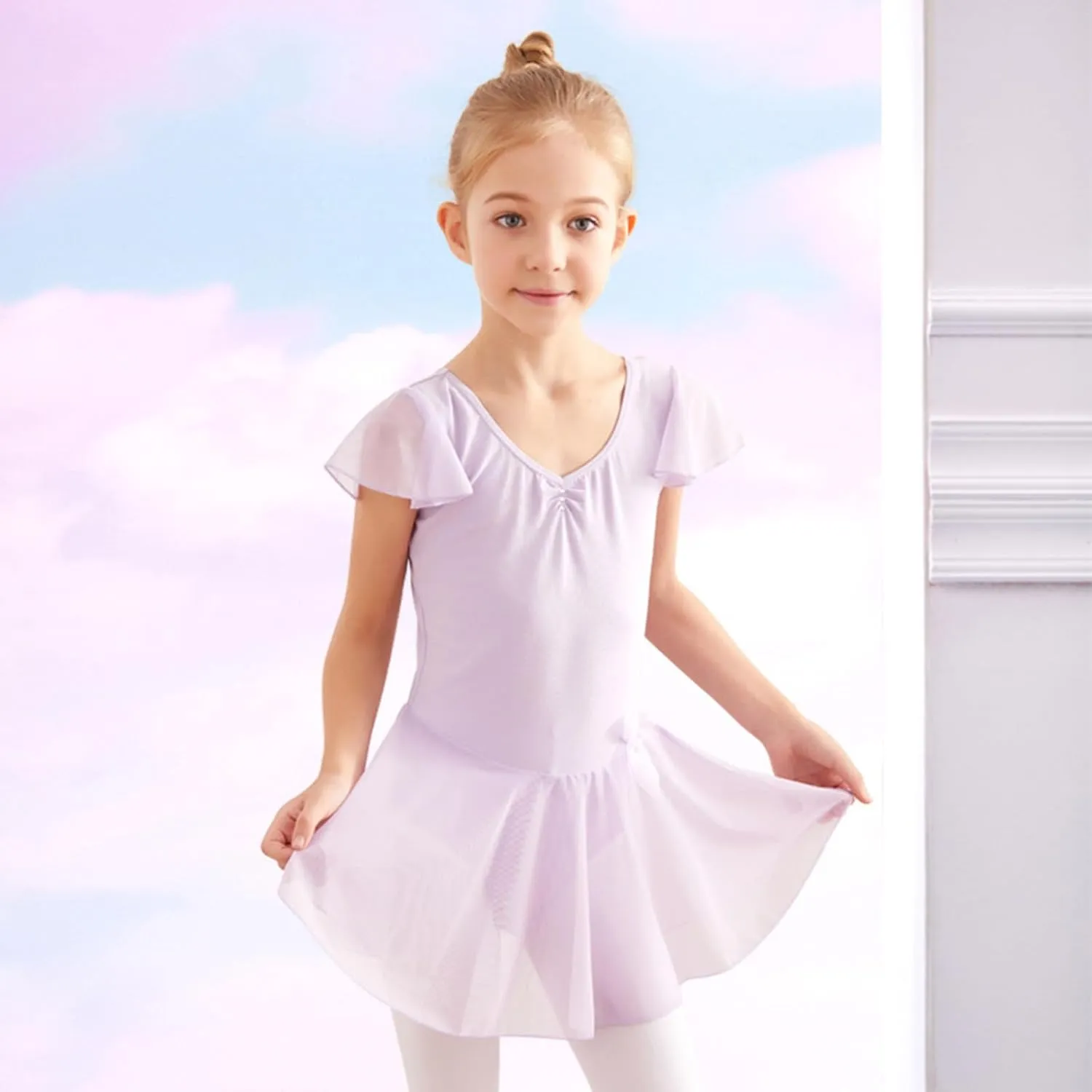 Girls Ballet Dress 2025 Trendy Mesh Dancewear Summer Cap Sleeve V Neck Mini Dress Solid Color A-Line Swing Dresses