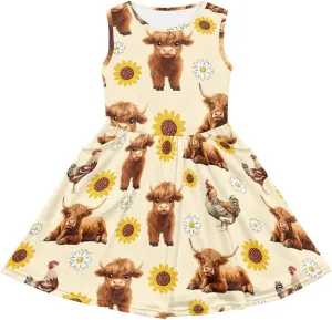 Girls Cute Print Dress with Pockets Swing Loose Fit Sleeveless Summer Mini Twirly Dress for Girls
