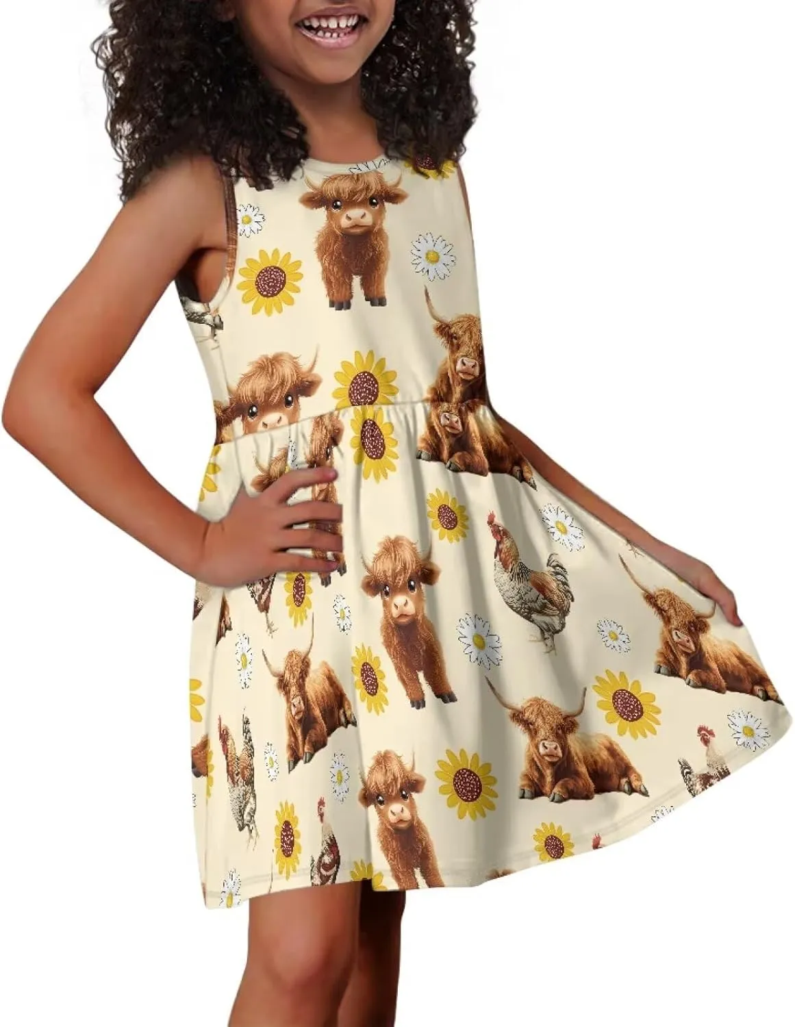 Girls Cute Print Dress with Pockets Swing Loose Fit Sleeveless Summer Mini Twirly Dress for Girls