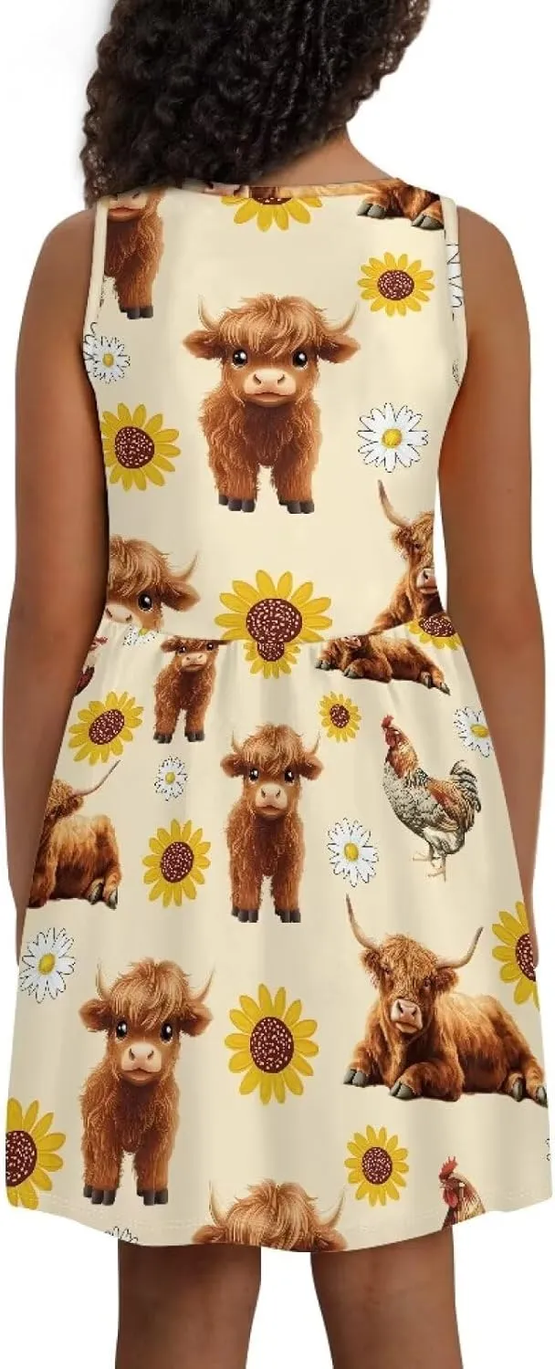 Girls Cute Print Dress with Pockets Swing Loose Fit Sleeveless Summer Mini Twirly Dress for Girls