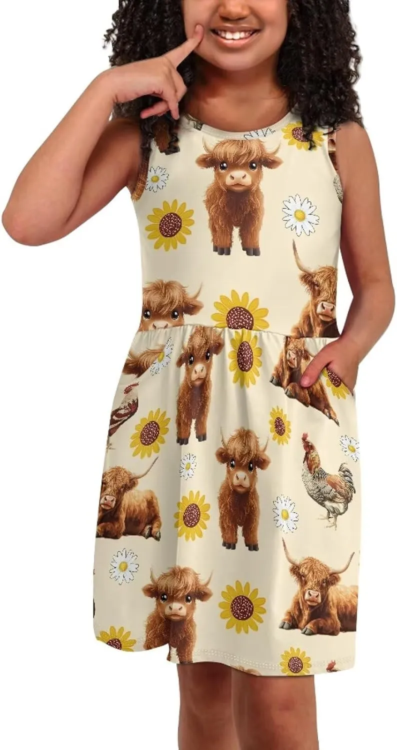 Girls Cute Print Dress with Pockets Swing Loose Fit Sleeveless Summer Mini Twirly Dress for Girls