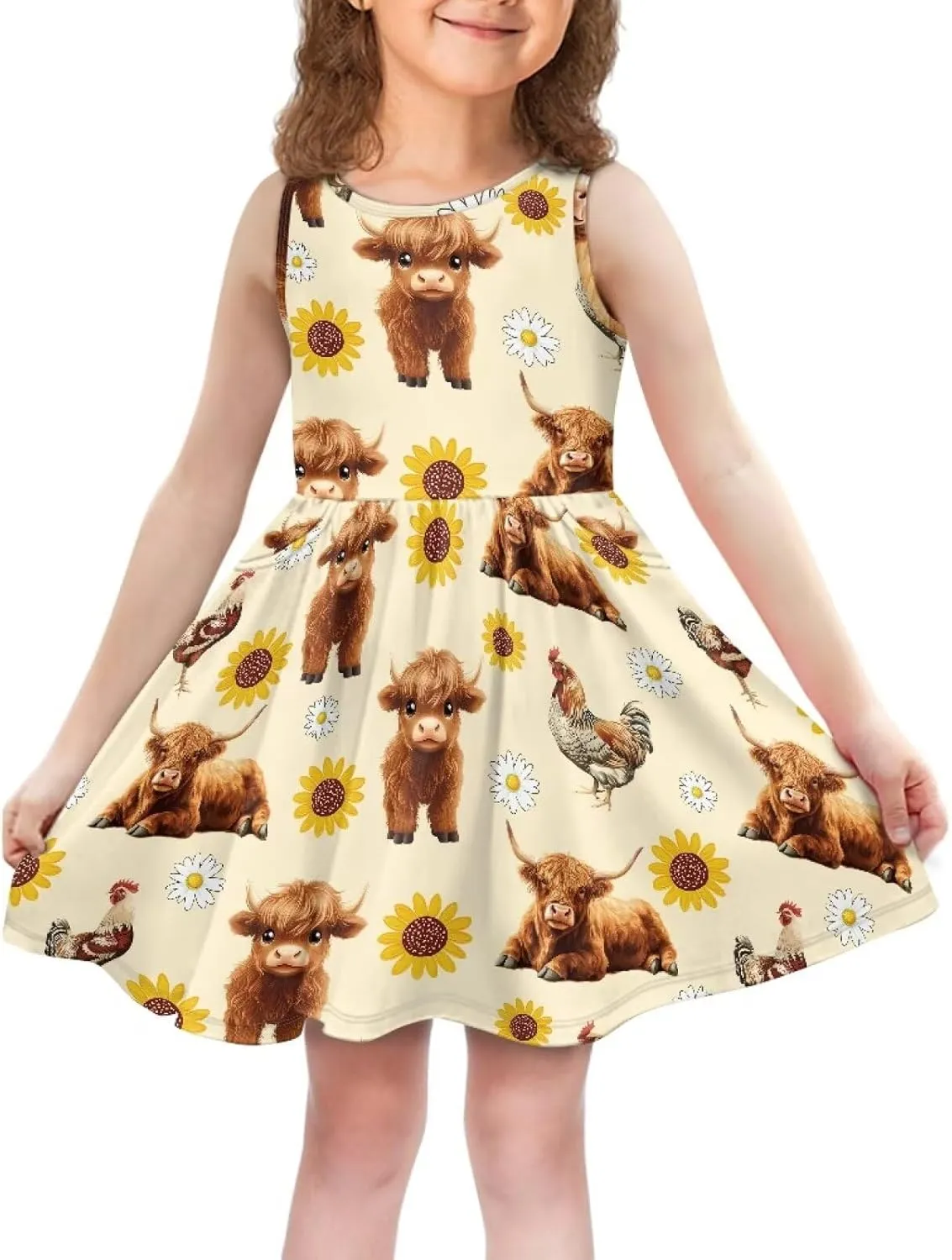 Girls Cute Print Dress with Pockets Swing Loose Fit Sleeveless Summer Mini Twirly Dress for Girls