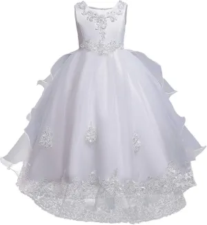 Girls Princess Tulle Lace Flower Pageant Dress Puffy Floor Length Wedding Bridesmaid Dress Party Tutu Maxi Gown