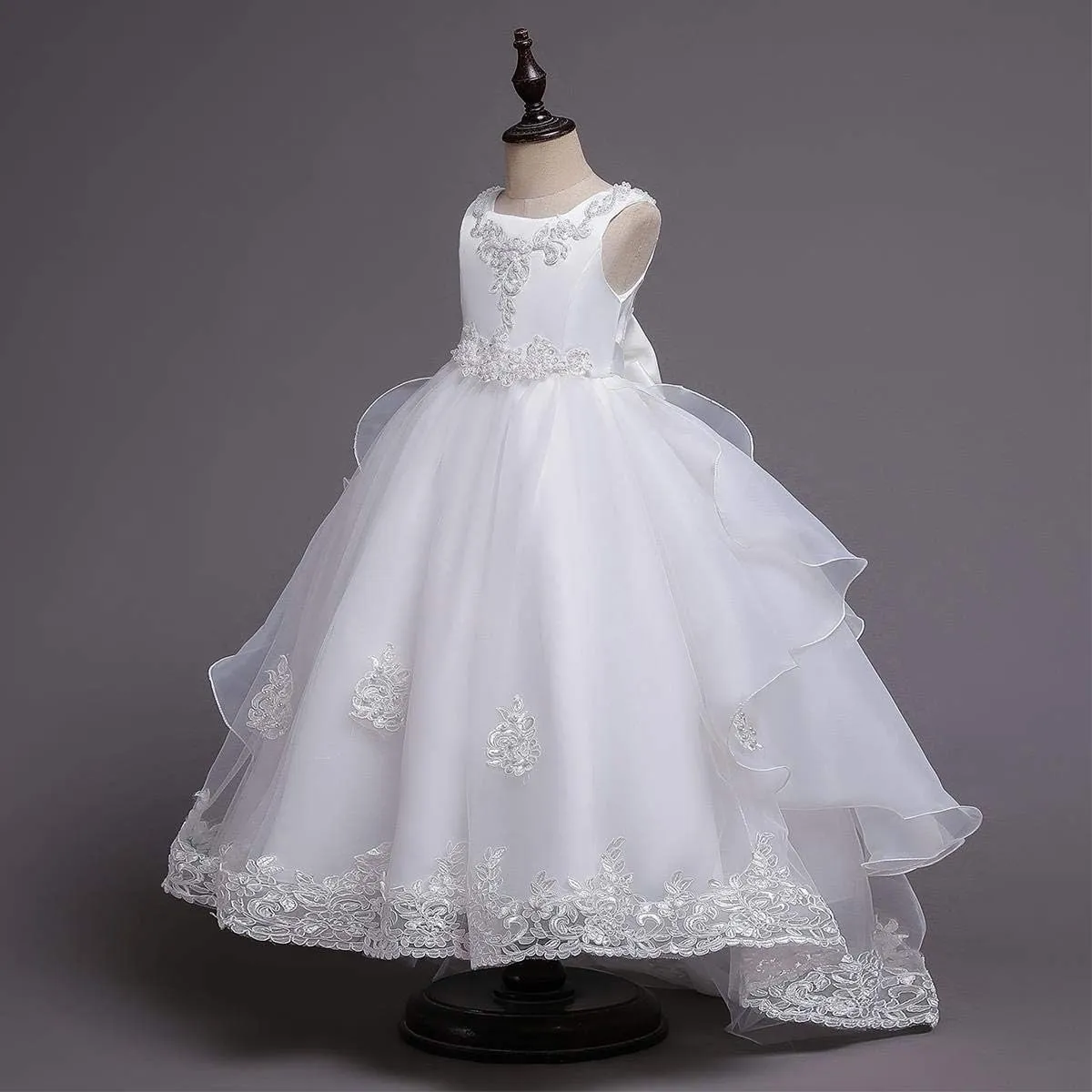 Girls Princess Tulle Lace Flower Pageant Dress Puffy Floor Length Wedding Bridesmaid Dress Party Tutu Maxi Gown