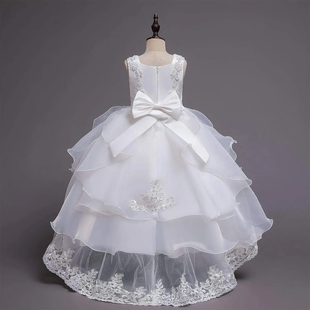Girls Princess Tulle Lace Flower Pageant Dress Puffy Floor Length Wedding Bridesmaid Dress Party Tutu Maxi Gown