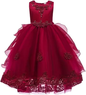 Girls Princess Tulle Lace Flower Pageant Dress Puffy Floor Length Wedding Bridesmaid Dress Party Tutu Maxi Gown