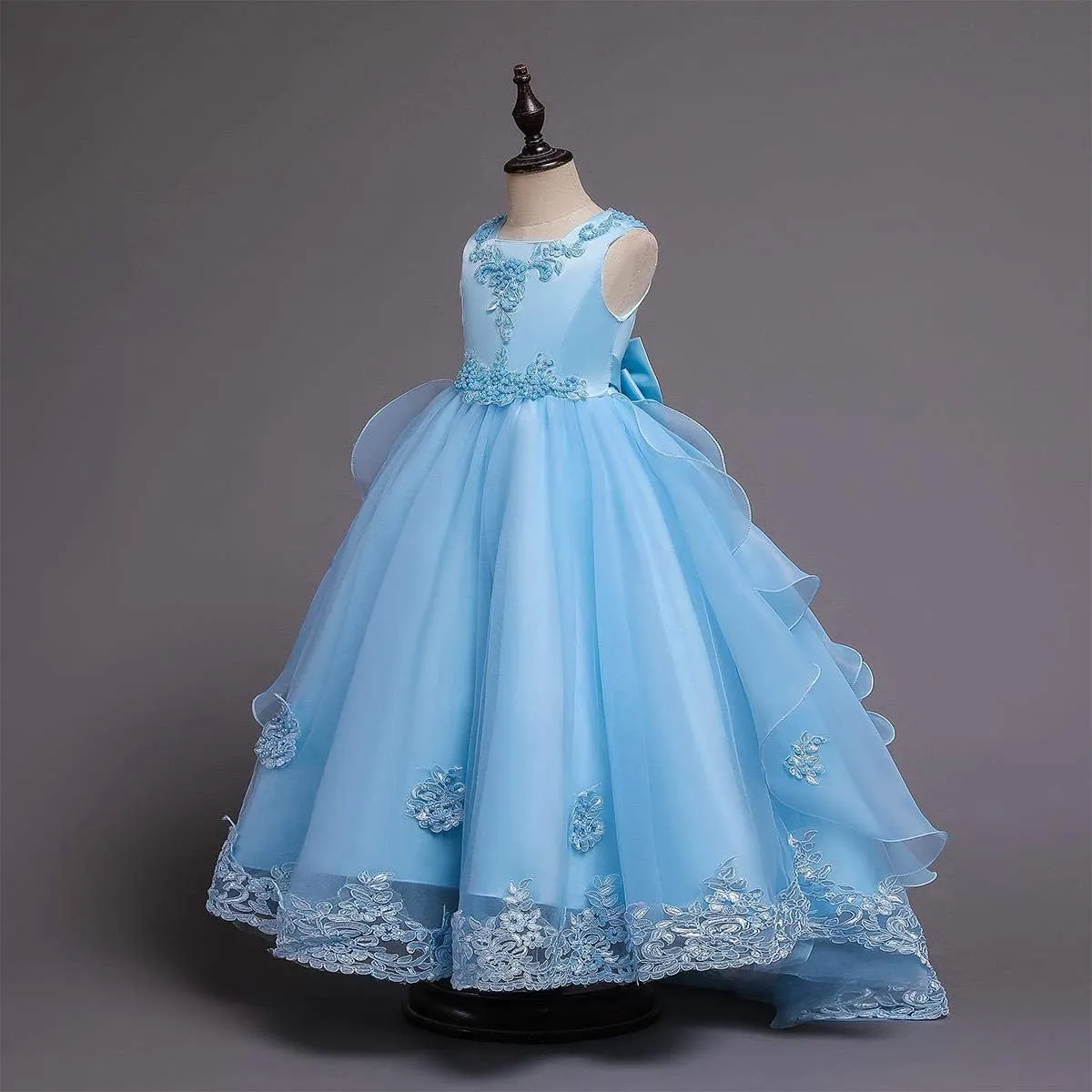 Girls Princess Tulle Lace Flower Pageant Dress Puffy Floor Length Wedding Bridesmaid Dress Party Tutu Maxi Gown