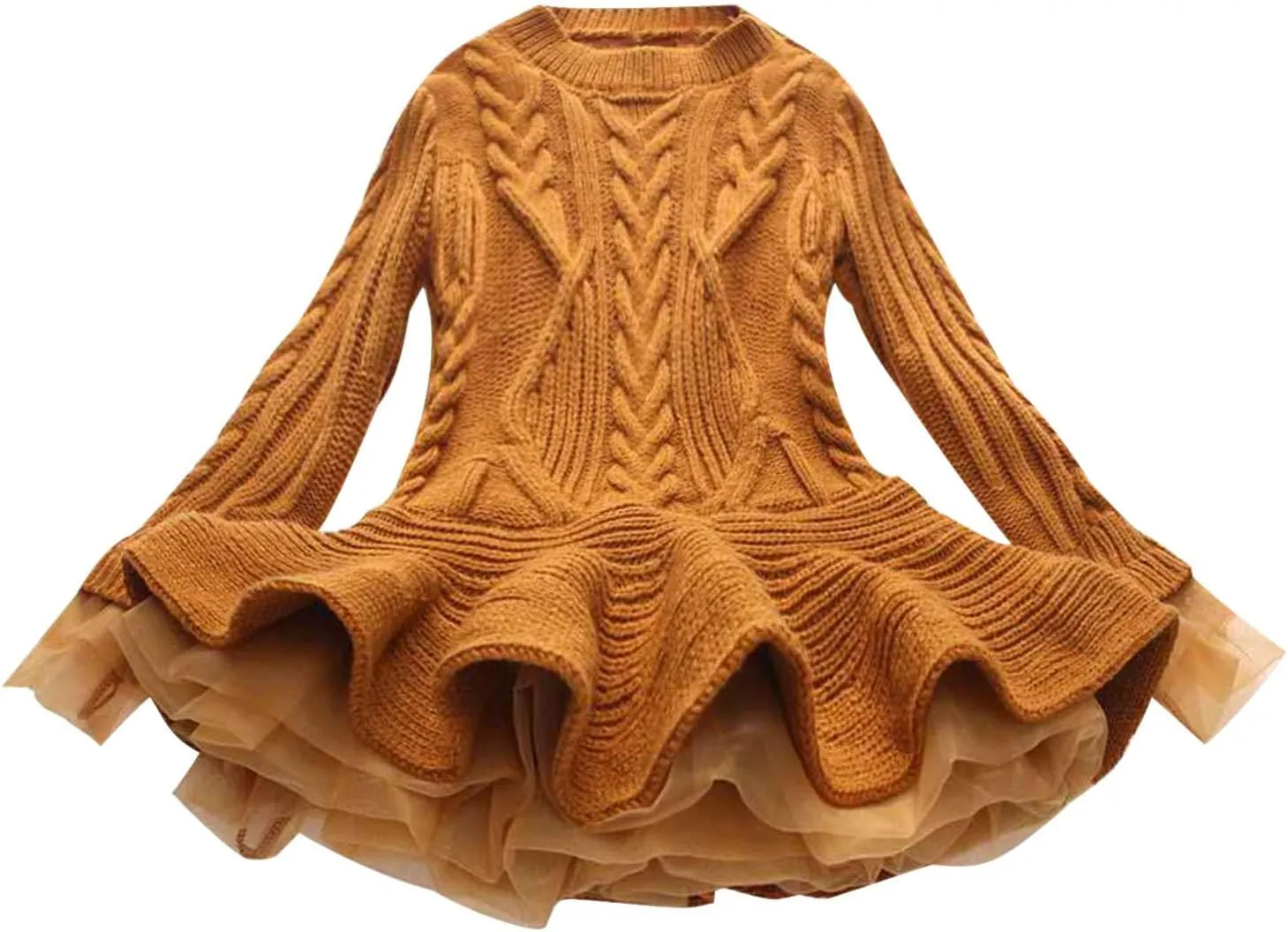Girls Ribbed Knit Sweaters Dress Long Sleeve Vintage Cable Mini Dress Lace Patchwork Multi Swing Princess Dresses
