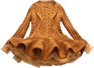 Girls Ribbed Knit Sweaters Dress Long Sleeve Vintage Cable Mini Dress Lace Patchwork Multi Swing Princess Dresses