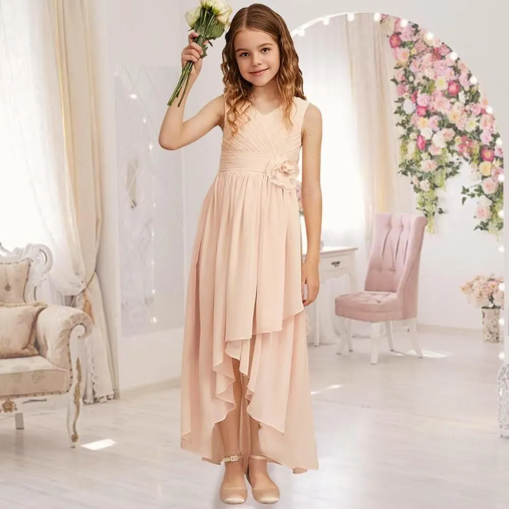 Girls V Neck Junior Bridesmaid Dress for Wedding Chiffon Sleeveless Flower Girl Dresses with Flower for Teens