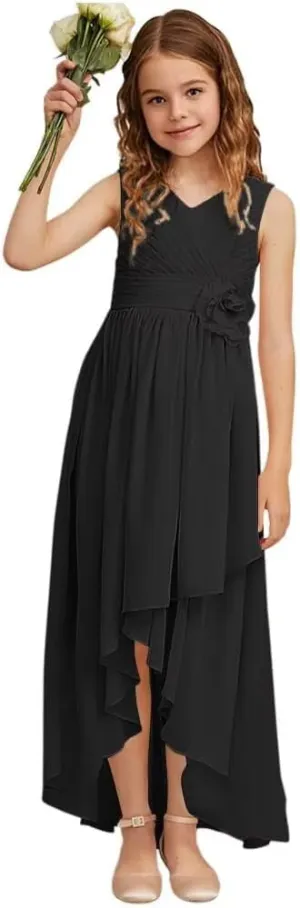 Girls V Neck Junior Bridesmaid Dress for Wedding Chiffon Sleeveless Flower Girl Dresses with Flower for Teens