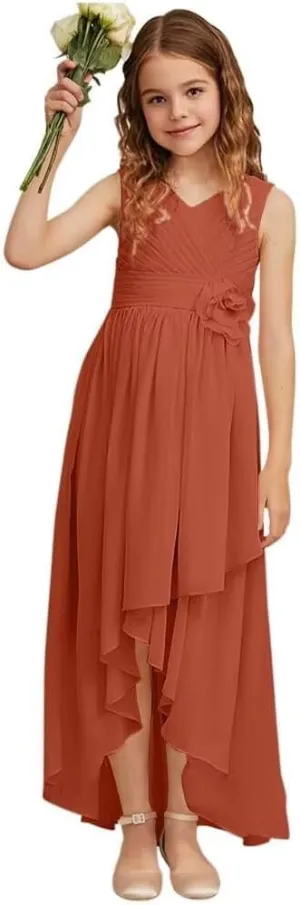 Girls V Neck Junior Bridesmaid Dress for Wedding Chiffon Sleeveless Flower Girl Dresses with Flower for Teens