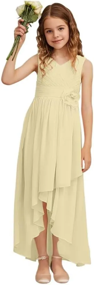 Girls V Neck Junior Bridesmaid Dress for Wedding Chiffon Sleeveless Flower Girl Dresses with Flower for Teens