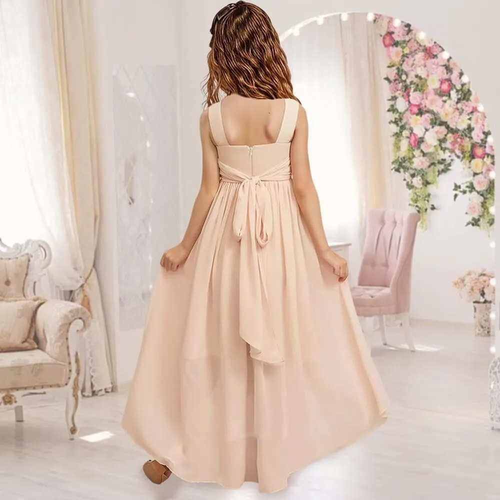 Girls V Neck Junior Bridesmaid Dress for Wedding Chiffon Sleeveless Flower Girl Dresses with Flower for Teens