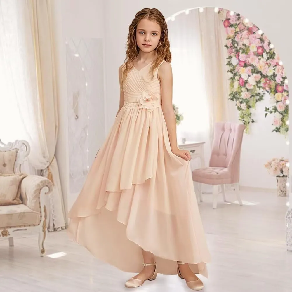 Girls V Neck Junior Bridesmaid Dress for Wedding Chiffon Sleeveless Flower Girl Dresses with Flower for Teens