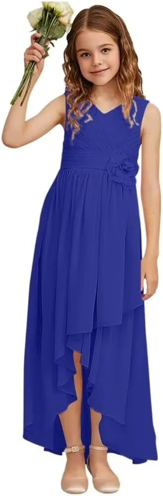 Girls V Neck Junior Bridesmaid Dress for Wedding Chiffon Sleeveless Flower Girl Dresses with Flower for Teens