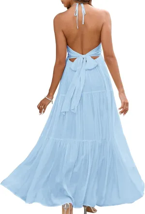 GLNEGE Summer Maxi Beach Dress Boho Halter V Neck Backless Bow Dresses Flowy Trendy Ruffle Sundress for Women 2025