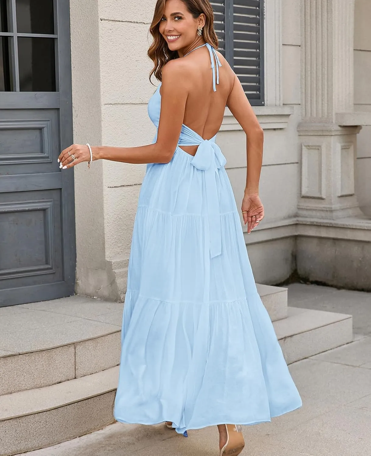 GLNEGE Summer Maxi Beach Dress Boho Halter V Neck Backless Bow Dresses Flowy Trendy Ruffle Sundress for Women 2025