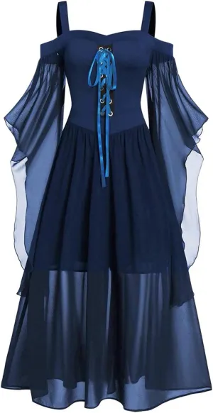 Gothic Plus Size Flared Sleeve Dress - Sexy Lace Up Medieval Cold Shoulder Dress for Women's Halloween