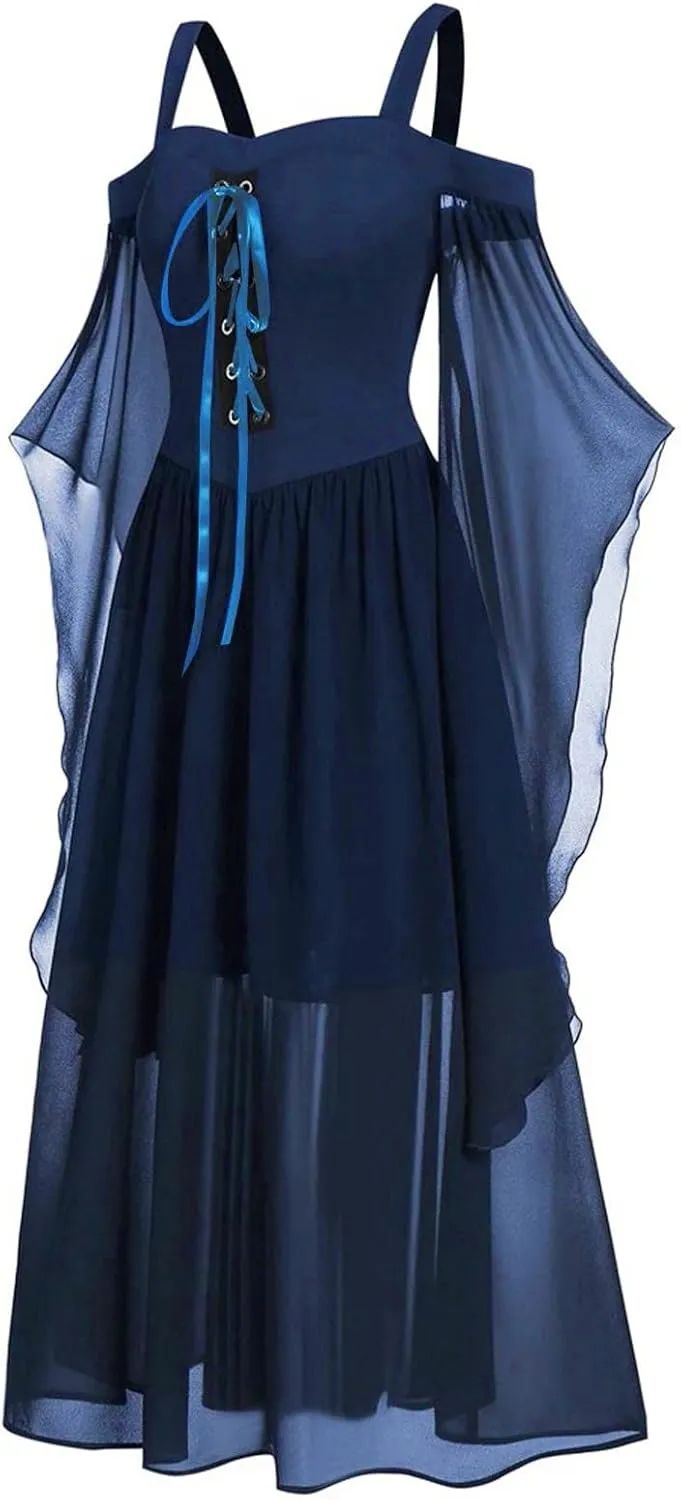 Gothic Plus Size Flared Sleeve Dress - Sexy Lace Up Medieval Cold Shoulder Dress for Women's Halloween