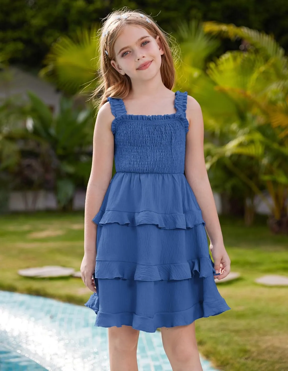 GRACE KARIN Girls Summer Dresses Tie Back Smocked A-Line Ruffle Hem Casual Elegant Midi Sundress Size 5-12 Years
