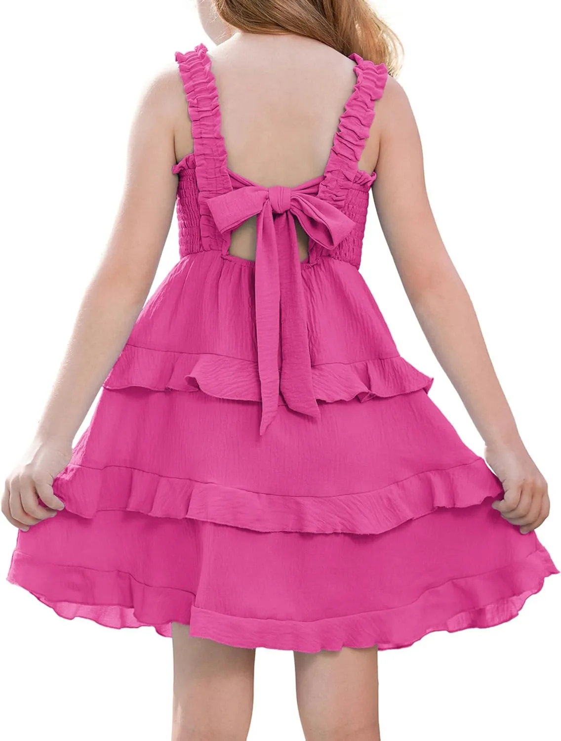 GRACE KARIN Girls Summer Dresses Tie Back Smocked A-Line Ruffle Hem Casual Elegant Midi Sundress Size 5-12 Years