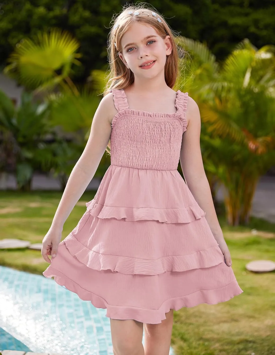 GRACE KARIN Girls Summer Dresses Tie Back Smocked A-Line Ruffle Hem Casual Elegant Midi Sundress Size 5-12 Years