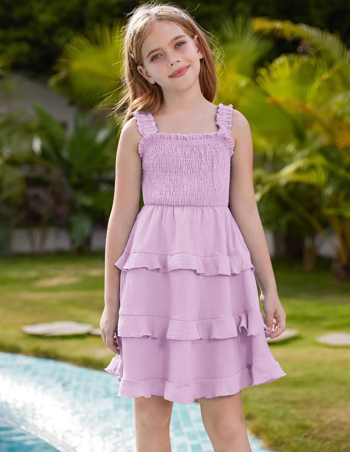 GRACE KARIN Girls Summer Dresses Tie Back Smocked A-Line Ruffle Hem Casual Elegant Midi Sundress Size 5-12 Years