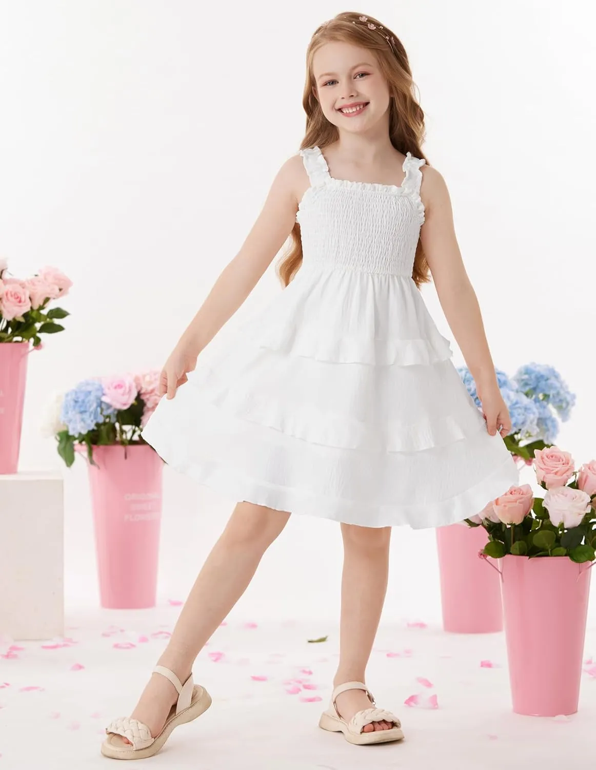 GRACE KARIN Girls Summer Dresses Tie Back Smocked A-Line Ruffle Hem Casual Elegant Midi Sundress Size 5-12 Years