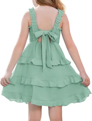 GRACE KARIN Girls Summer Dresses Tie Back Smocked A-Line Ruffle Hem Casual Elegant Midi Sundress Size 5-12 Years