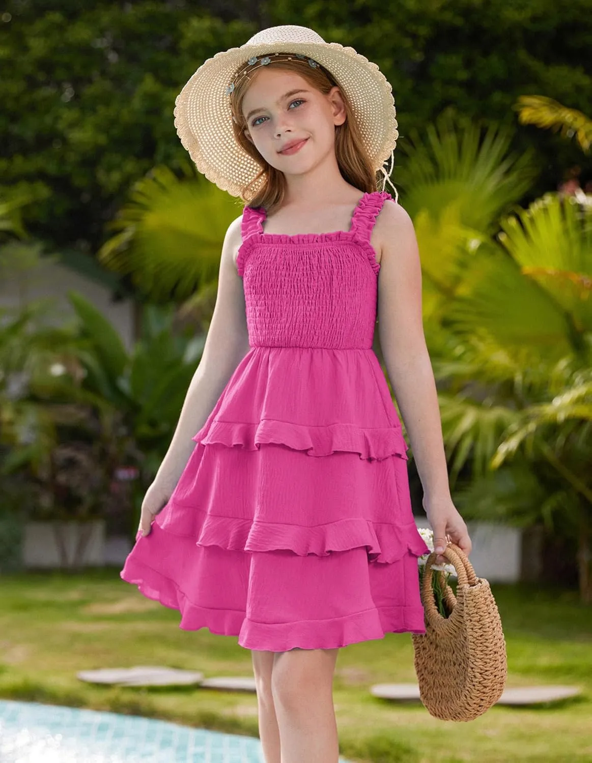 GRACE KARIN Girls Summer Dresses Tie Back Smocked A-Line Ruffle Hem Casual Elegant Midi Sundress Size 5-12 Years