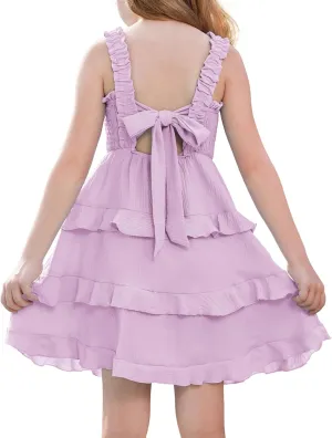 GRACE KARIN Girls Summer Dresses Tie Back Smocked A-Line Ruffle Hem Casual Elegant Midi Sundress Size 5-12 Years